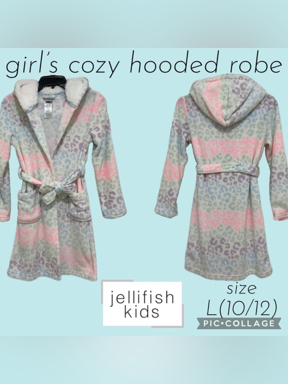 Girls Jellifish Kids Cozy Plush Faux Sherpa Hood Leopard Print Robe Size L10/12